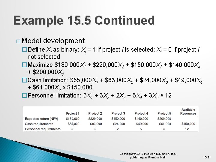 Example 15. 5 Continued � Model development �Define Xi as binary: Xi = 1