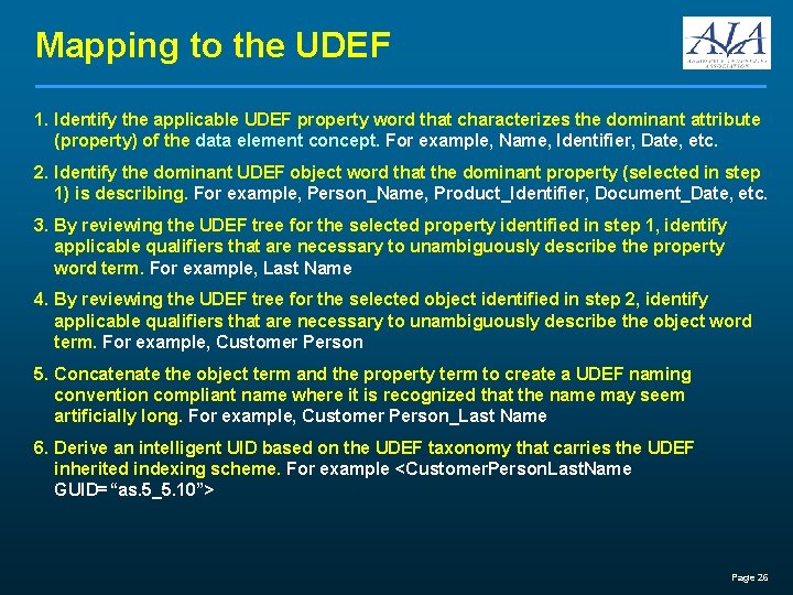 Mapping to the UDEF 1. Identify the applicable UDEF property word that characterizes the