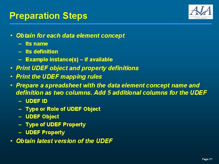 Preparation Steps • Obtain for each data element concept – Its name – Its