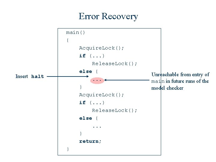 Error Recovery Insert halt main() { Acquire. Lock(); if (. . . ) Release.