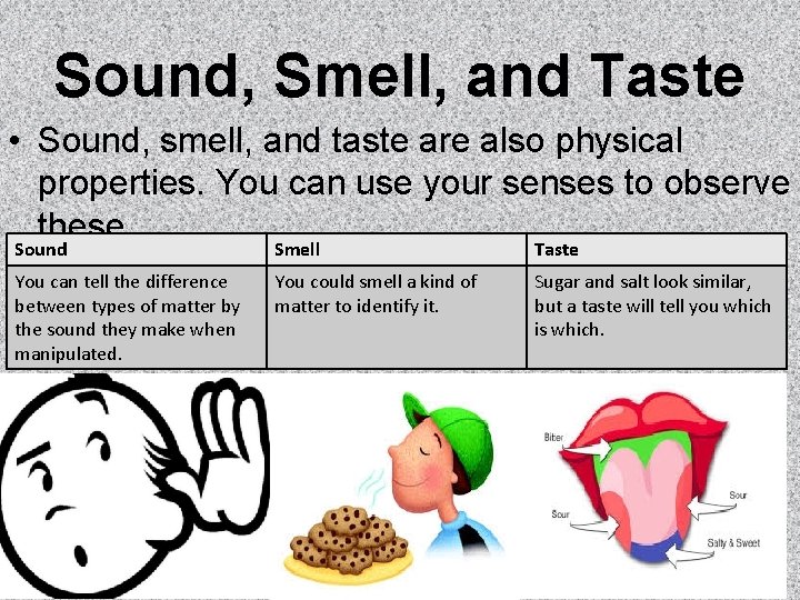 Sound, Smell, and Taste • Sound, smell, and taste are also physical properties. You