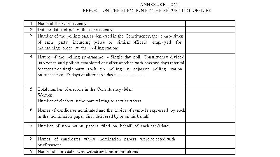 ANNEXURE – XVI REPORT ON THE ELECTION BY THE RETURNING OFFICER 1 2 3