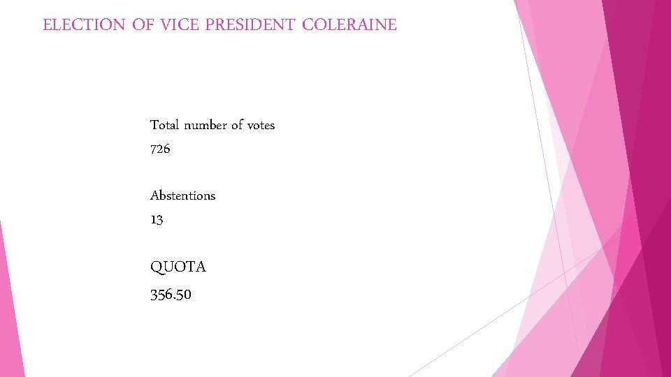 ELECTION OF VICE PRESIDENT COLERAINE Total number of votes 726 Abstentions 13 QUOTA 356.