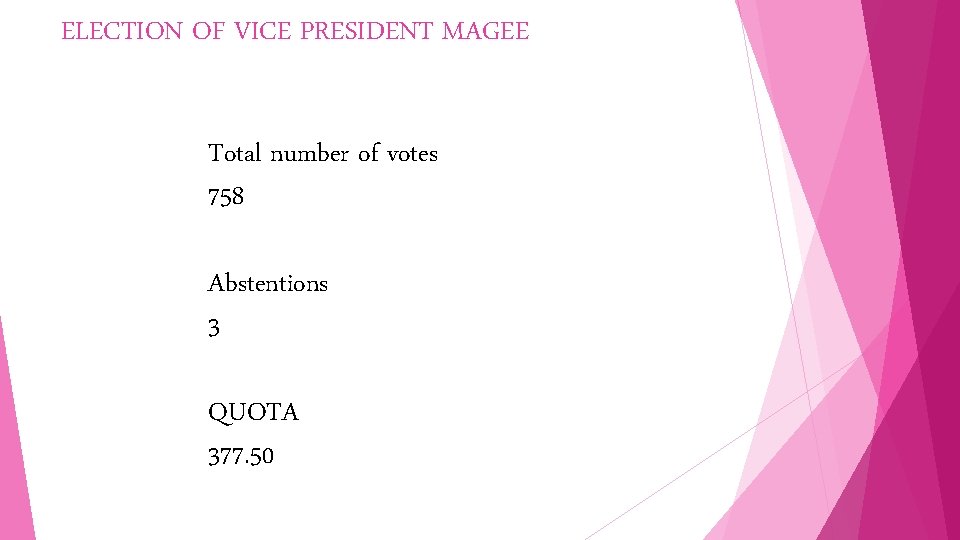 ELECTION OF VICE PRESIDENT MAGEE Total number of votes 758 Abstentions 3 QUOTA 377.