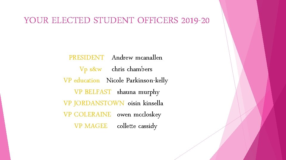 YOUR ELECTED STUDENT OFFICERS 2019 -20 PRESIDENT Andrew mcanallen Vp s&w chris chambers VP