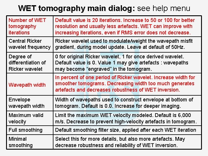 WET tomography main dialog: see help menu Number of WET tomography iterations Default value