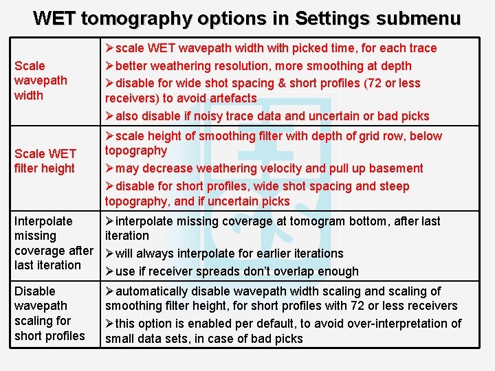 WET tomography options in Settings submenu Scale wavepath width Scale WET filter height Øscale