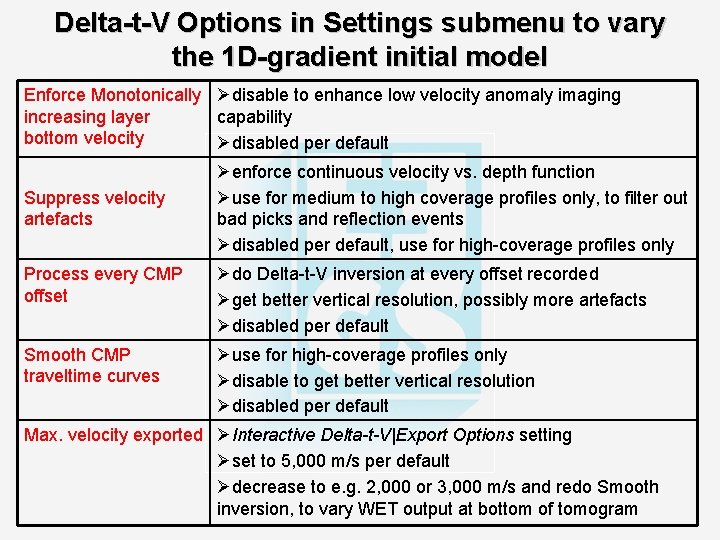 Delta-t-V Options in Settings submenu to vary the 1 D-gradient initial model Enforce Monotonically
