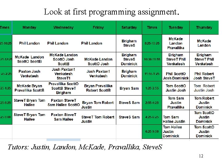 Look at first programming assignment. Tutors: Justin, Landon, Mc. Kade, Pravallika, Steve. S 12