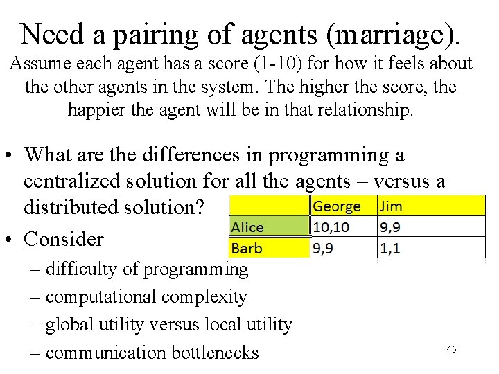 Need a pairing of agents (marriage). Assume each agent has a score (1 -10)