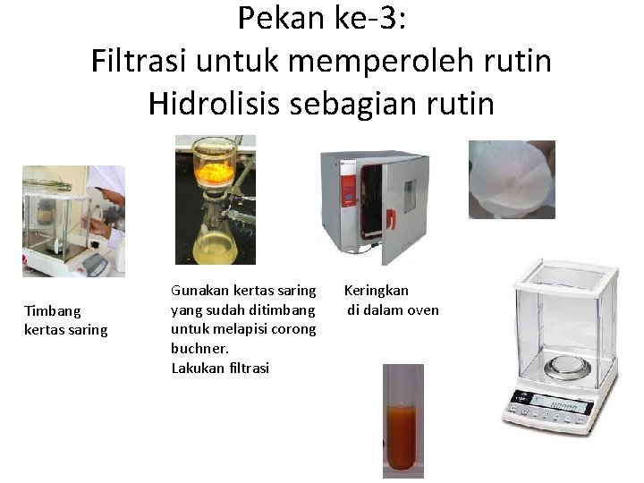 Pekan ke-3: Filtrasi untuk memperoleh rutin Hidrolisis sebagian rutin Timbang kertas saring Gunakan kertas