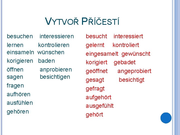 VYTVOŘ PŘÍČESTÍ besuchen lernen einsameln korigieren öffnen sagen fragen aufhören ausfühlen gehören interessieren kontrolieren