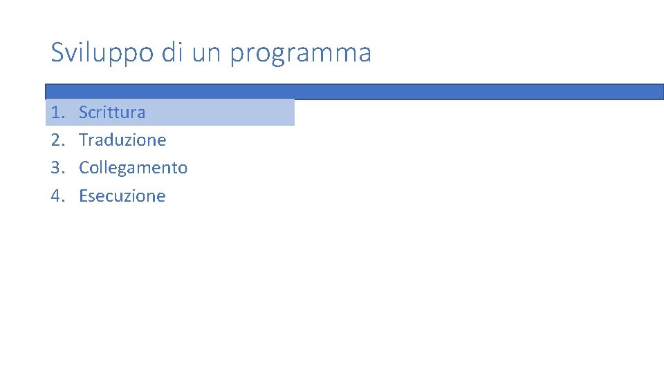 Sviluppo di un programma 1. 2. 3. 4. Scrittura Traduzione Collegamento Esecuzione 