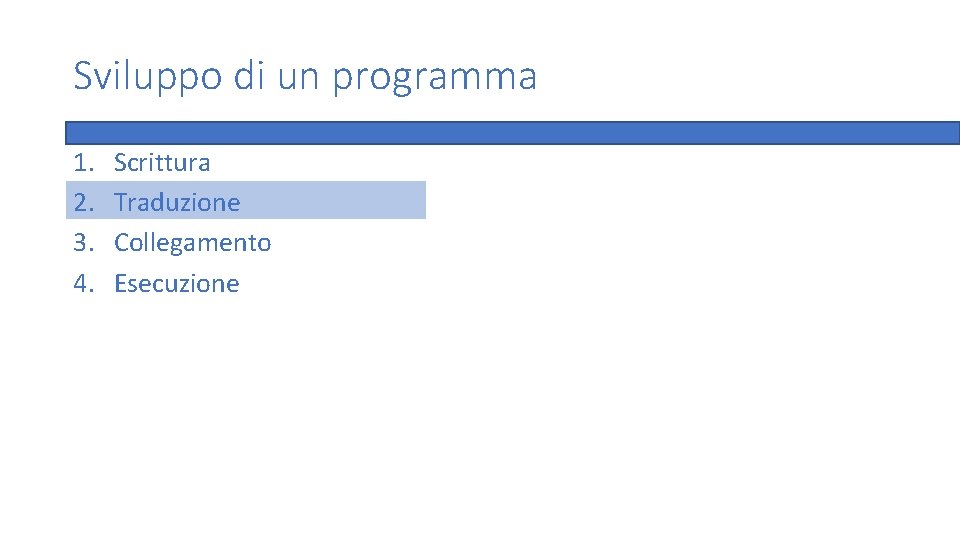 Sviluppo di un programma 1. 2. 3. 4. Scrittura Traduzione Collegamento Esecuzione 