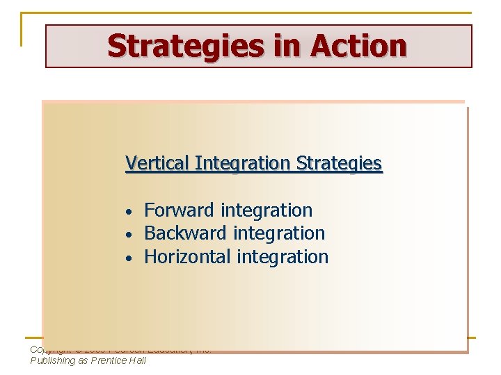 Strategies in Action Vertical Integration Strategies • • • Forward integration Backward integration Horizontal