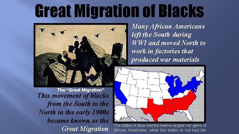 Great Migration of Blacks Many African Americans left the South during WWI and moved