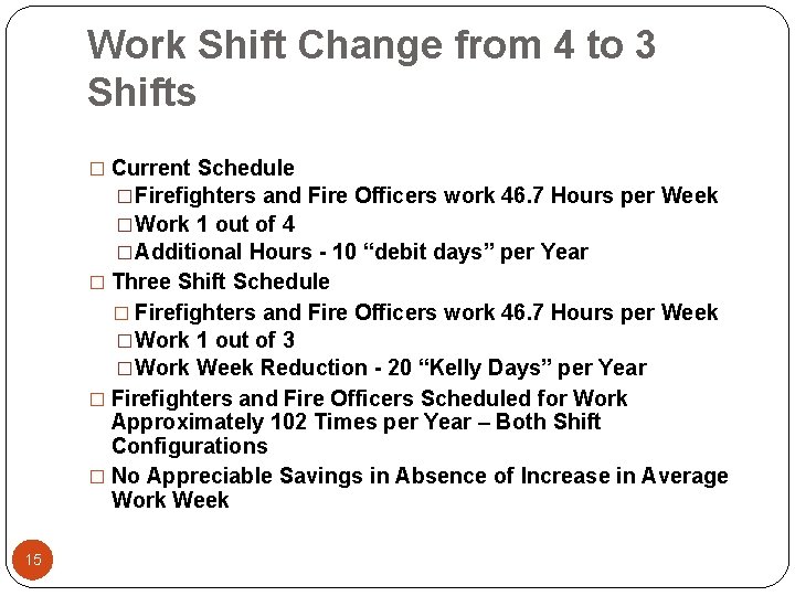 Work Shift Change from 4 to 3 Shifts � Current Schedule �Firefighters and Fire