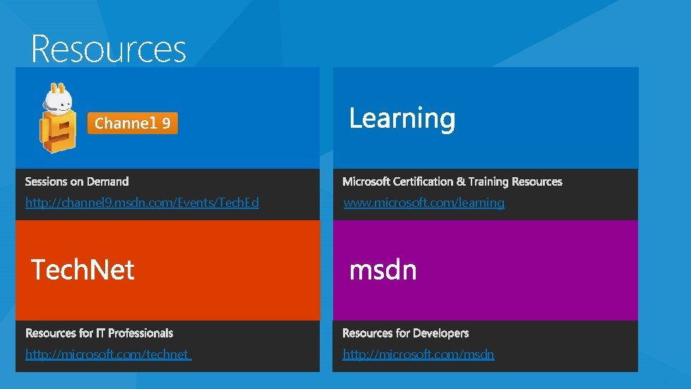 Resources http: //channel 9. msdn. com/Events/Tech. Ed www. microsoft. com/learning http: //microsoft. com/technet http: