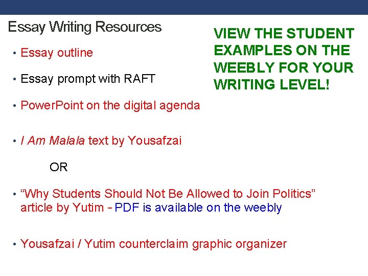 Essay Writing Resources • Essay outline • Essay prompt with RAFT VIEW THE STUDENT