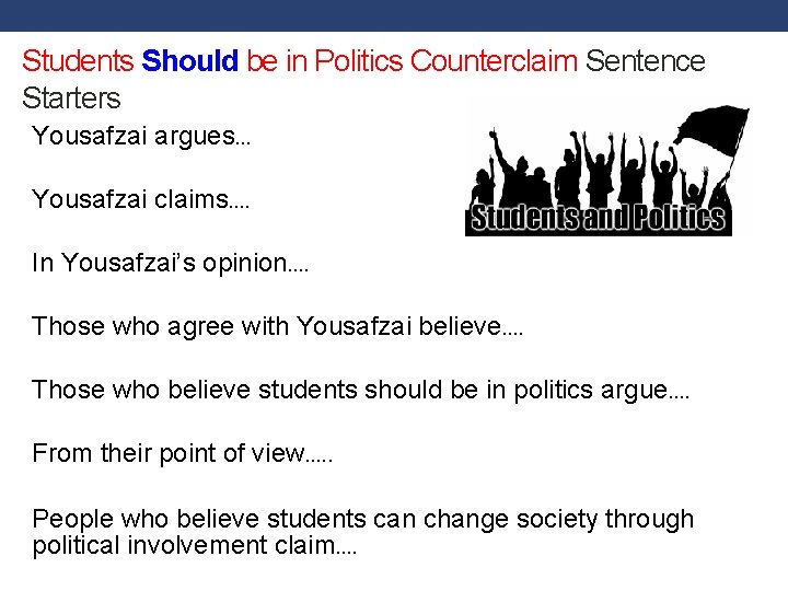 Students Should be in Politics Counterclaim Sentence Starters Yousafzai argues… Yousafzai claims…. In Yousafzai’s