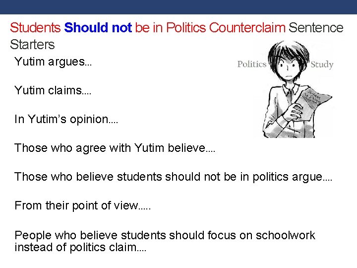 Students Should not be in Politics Counterclaim Sentence Starters Yutim argues… Yutim claims…. In