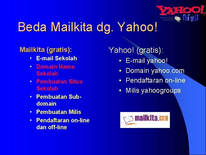 Beda Mailkita dg. Yahoo! Mailkita (gratis): • E-mail Sekolah • Domain Nama Sekolah •