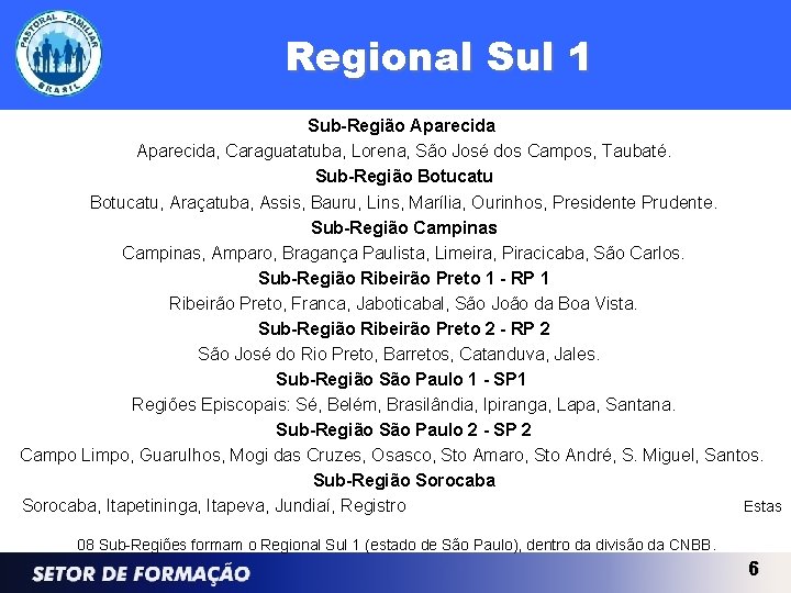 Regional Sul 1 Sub-Região Aparecida, Caraguatatuba, Lorena, São José dos Campos, Taubaté. Sub-Região Botucatu,