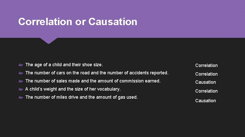 Correlation or Causation The age of a child and their shoe size. Correlation The