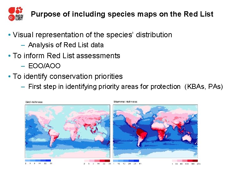 Purpose of including species maps on the Red List • Visual representation of the