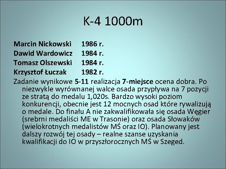 K-4 1000 m Marcin Nickowski 1986 r. Dawid Wardowicz 1984 r. Tomasz Olszewski 1984