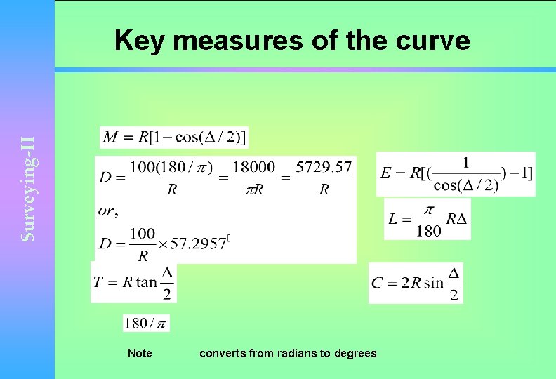Surveying-II Key measures of the curve Note converts from radians to degrees 