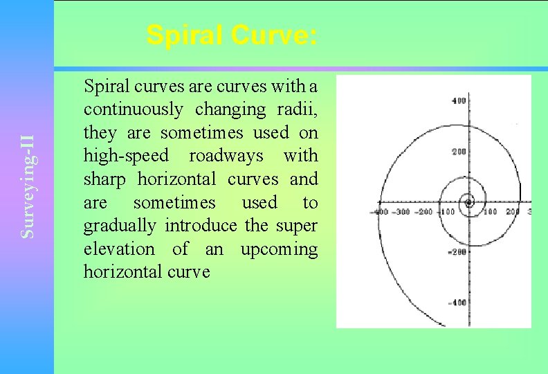 Surveying-II Spiral Curve: Spiral curves are curves with a continuously changing radii, they are