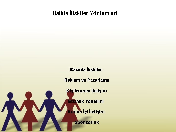 Halkla İlişkiler Yöntemleri Basınla İlişkiler Reklam ve Pazarlama Kişilerarası İletişim Etkinlik Yönetimi Kurum İçi