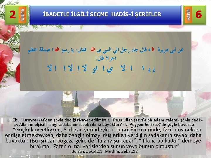 İBADETLE İLGİLİ SEÇME HADİS-İ ŞERİFLER HADİS ÜNİTE 2 6 ﻳﺎ ﺭﺳﻮ ﺍﻟﻩ ﺍ ﺻﺪﻗﺔ