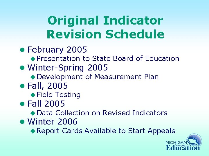 Original Indicator Revision Schedule l February 2005 u Presentation to State Board of Education