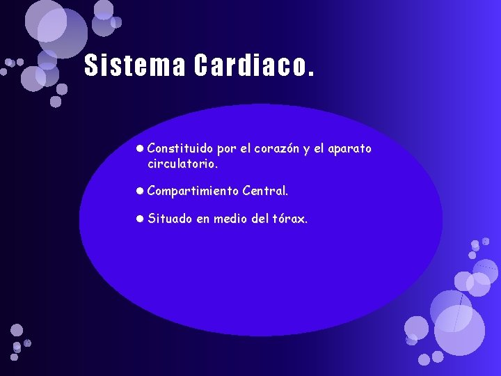 Sistema Cardiaco. Constituido por el corazón y el aparato circulatorio. Compartimiento Central. Situado en