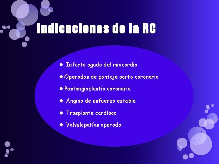 Indicaciones de la RC Infarto agudo del miocardio Operados de pontaje aorto coronario Postangioplastia