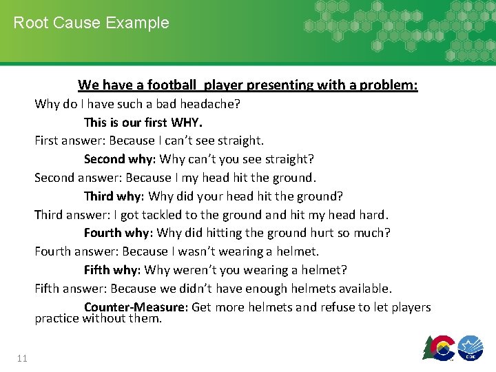 Root Cause Example We have a football player presenting with a problem: Why do Root Cause Example We have a football player presenting with a problem: Why do