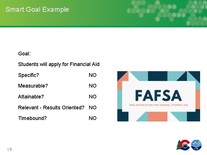 Smart Goal Example Goal: Students will apply for Financial Aid Specific? NO Measurable? NO Smart Goal Example Goal: Students will apply for Financial Aid Specific? NO Measurable? NO