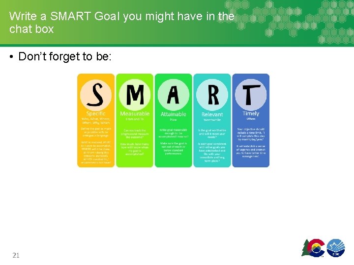Write a SMART Goal you might have in the chat box • Don’t forget Write a SMART Goal you might have in the chat box • Don’t forget