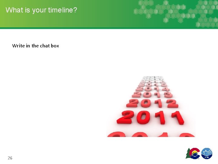 What is your timeline? Write in the chat box 26 What is your timeline? Write in the chat box 26