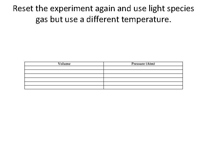 Reset the experiment again and use light species gas but use a different temperature.