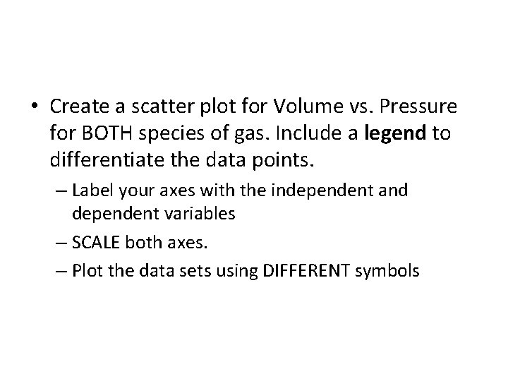  • Create a scatter plot for Volume vs. Pressure for BOTH species of