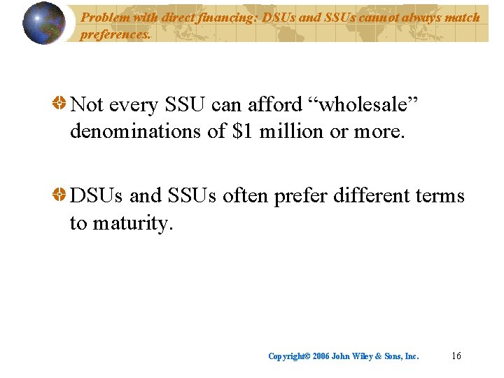 Problem with direct financing: DSUs and SSUs cannot always match preferences. Not every SSU