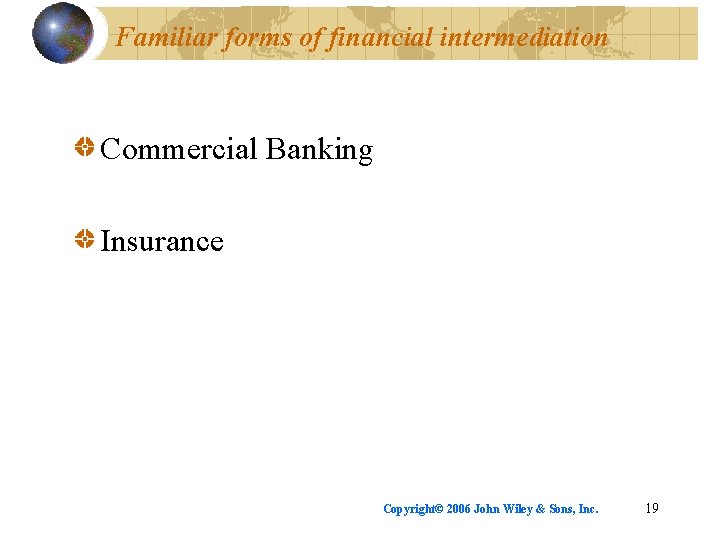 Familiar forms of financial intermediation Commercial Banking Insurance Copyright© 2006 John Wiley & Sons,
