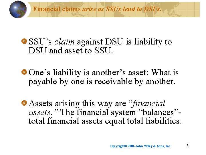 Financial claims arise as SSUs lend to DSUs. SSU’s claim against DSU is liability