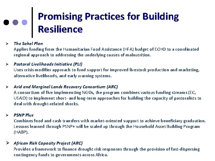 Promising Practices for Building Resilience Ø The Sahel Plan Applies funding from the Humanitarian