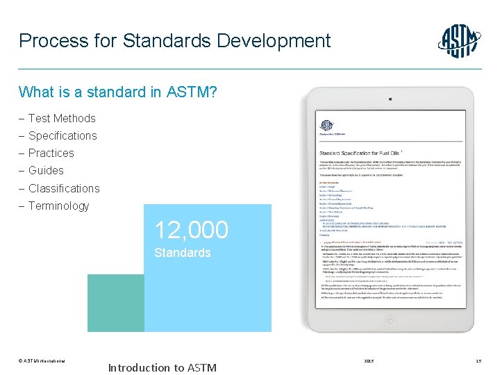 Process for Standards Development What is a standard in ASTM? Test Methods Specifications Practices