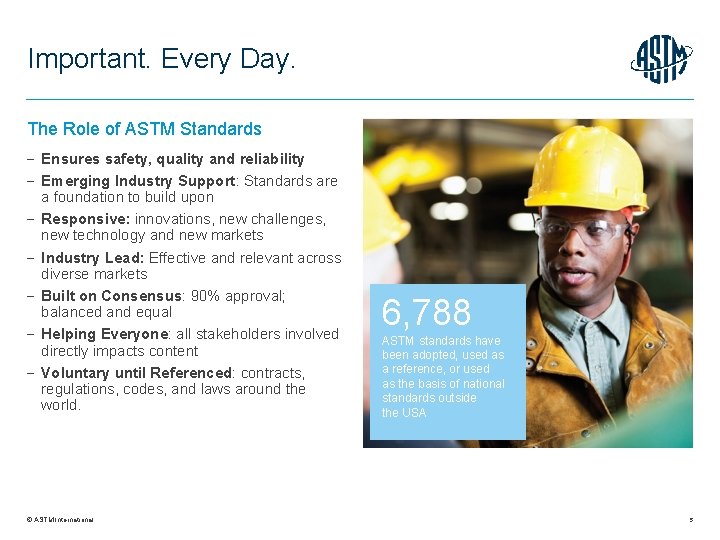 Important. Every Day. The Role of ASTM Standards Ensures safety, quality and reliability Emerging