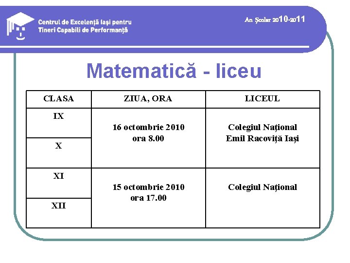 An şcolar 2010 -2011 Matematică - liceu CLASA ZIUA, ORA LICEUL 16 octombrie 2010